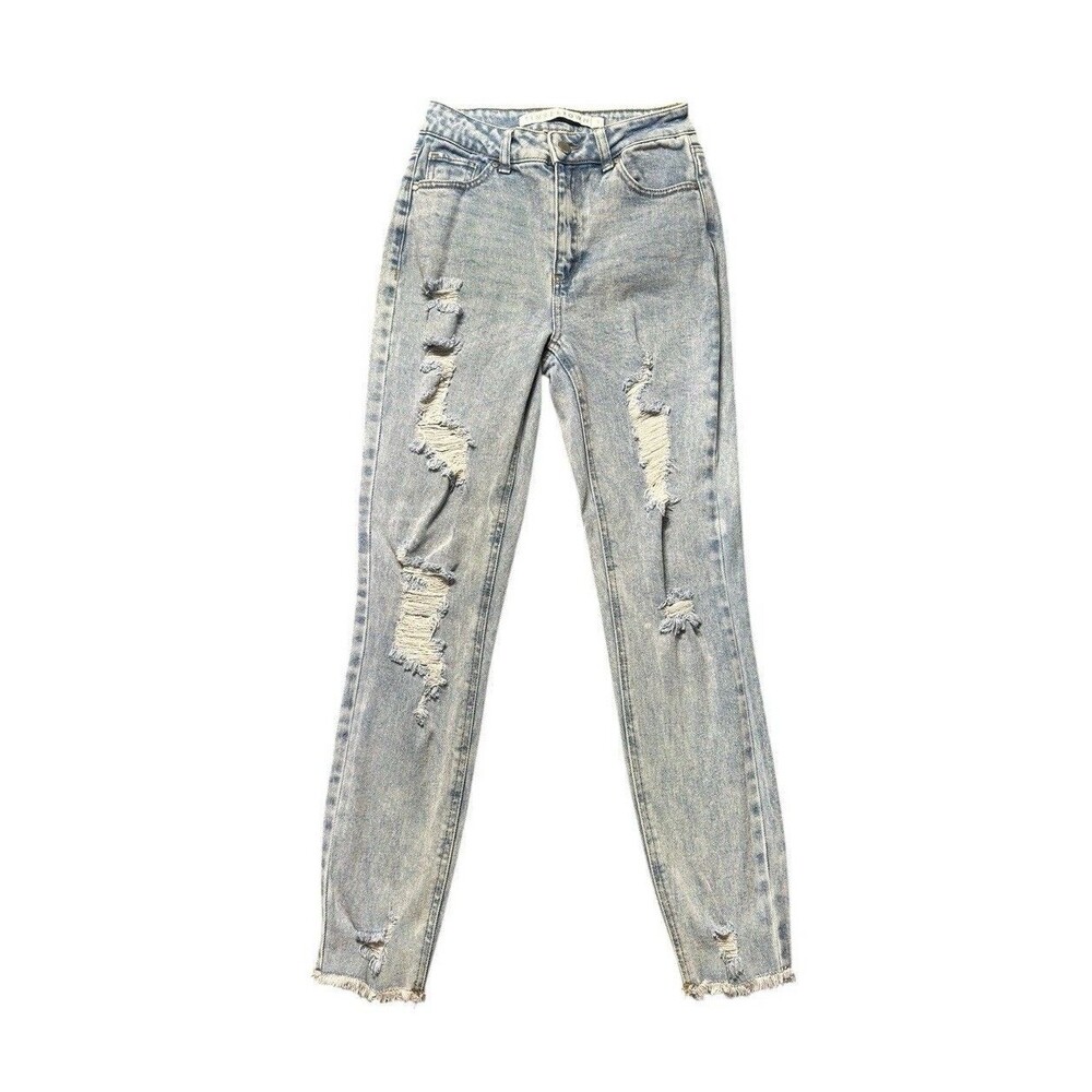 Tinseltown Womens 1 Mom Jeans Blue High Rise Distressed Hem Denim EUC